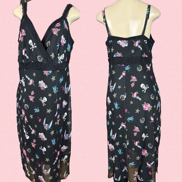 Betsey Johnson L Black Tattoo Icons Mesh Lined Surplice Neck Strappy Midi Dress - Picture 1 of 6